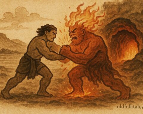 An illustration of Ti‘iti‘i wrestling Mafui‘e near a fiery cave, Samoan fire origin folktale.