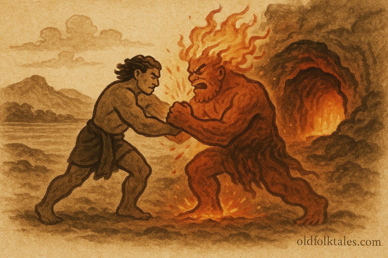 An illustration of Ti‘iti‘i wrestling Mafui‘e near a fiery cave, Samoan fire origin folktale.