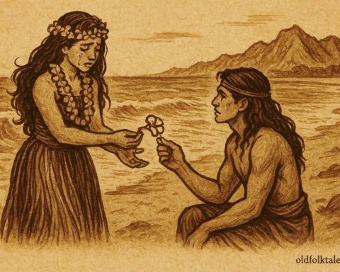 An illustration of Princess Naupaka and Kauʻi parting by the sea, Hawaiian folktale scene.