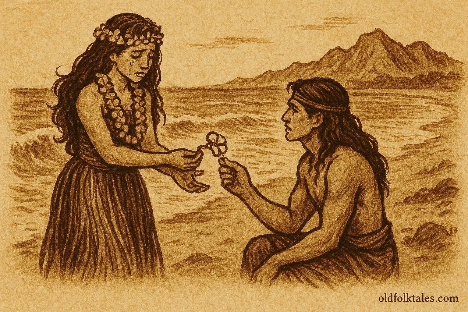 An illustration of Princess Naupaka and Kauʻi parting by the sea, Hawaiian folktale scene.