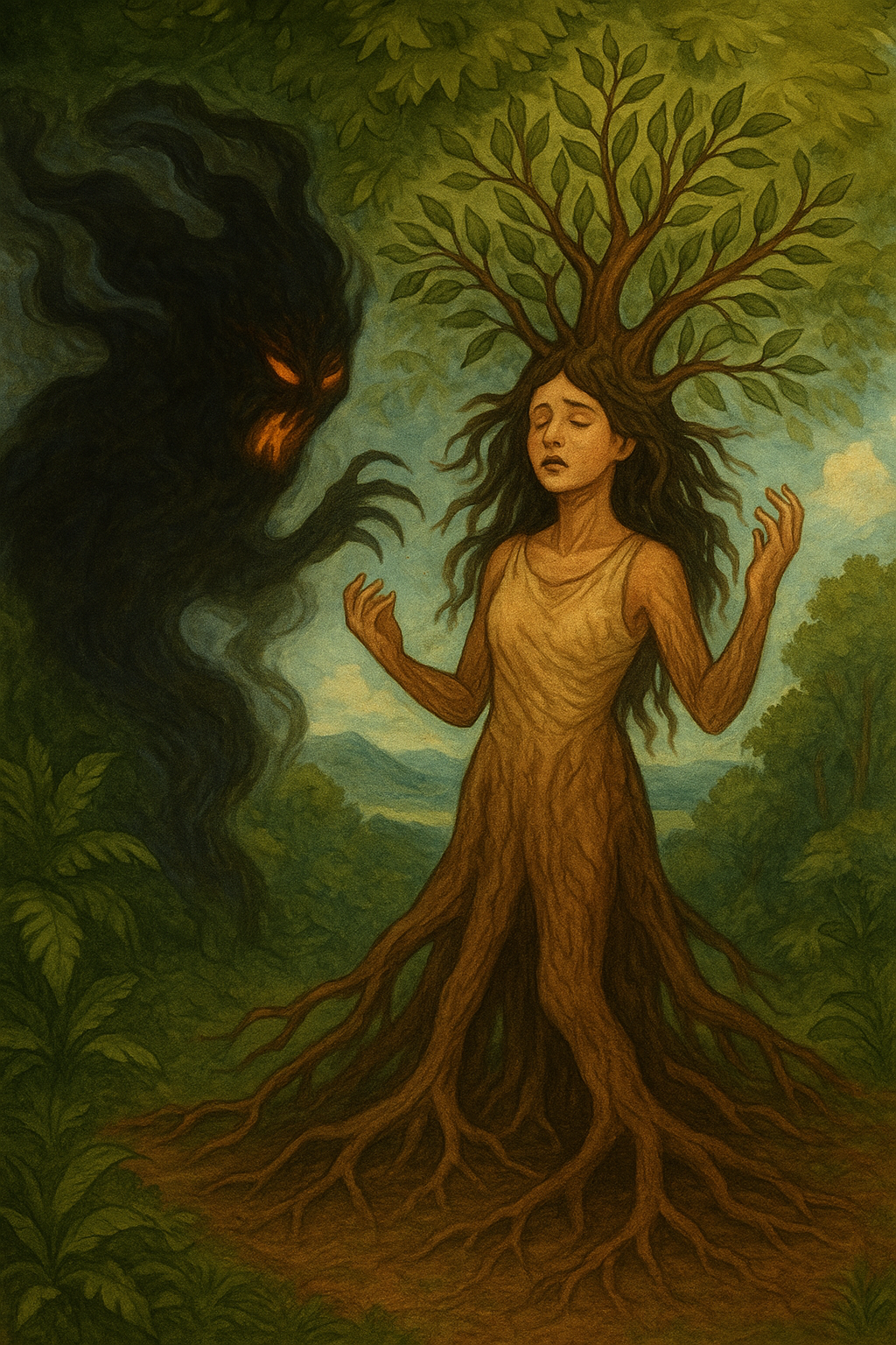 A young Vanuatu maiden stands in a forest clearing as her body transforms into a sandalwood tree—her feet becoming roots, her arms turning into branches, and leaves sprouting from her hair. Beside her looms a dark spirit with glowing orange eyes and smoky tendrils, its presence shadowing the bright tropical landscape filled with green foliage and golden light.