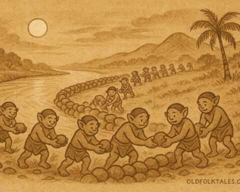An illustration of Menehune building a fishpond under moonlight, Hawaiian folktale scene.