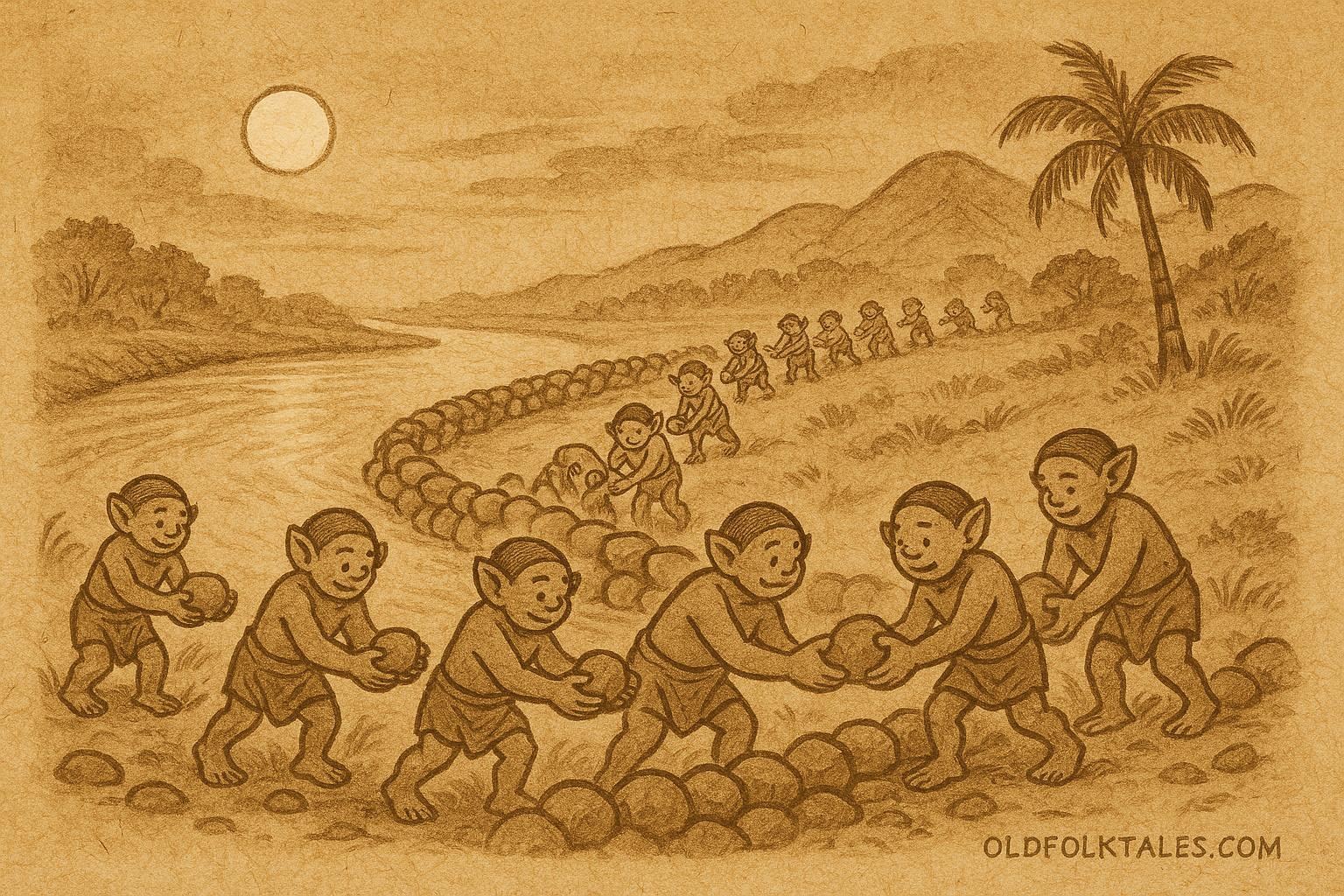 An illustration of Menehune building a fishpond under moonlight, Hawaiian folktale scene.