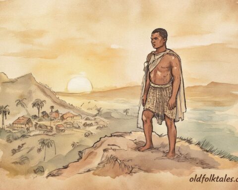 A young Palauan man near a ridge shaped like a serpent, Palauan folktale scene.