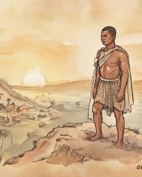 A young Palauan man near a ridge shaped like a serpent, Palauan folktale scene.