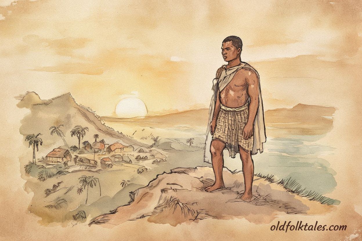 A young Palauan man near a ridge shaped like a serpent, Palauan folktale scene.