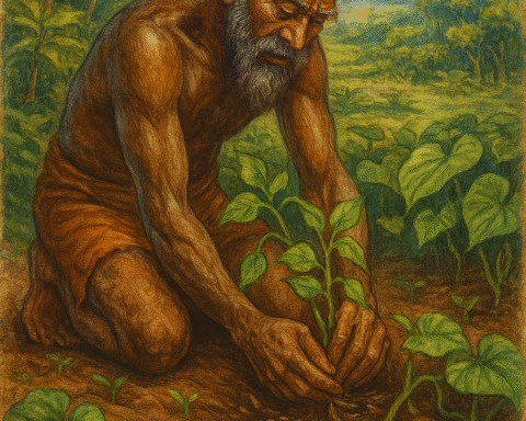 Illustration of an elderly Melanesian man planting the first yam vine: The man kneels on rich, reddish-brown soil in a lush tropical landscape, gently pressing a leafy green vine into the earth. His weathered skin and gray-streaked hair reflect age and wisdom.