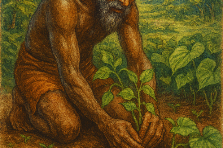 Illustration of an elderly Melanesian man planting the first yam vine: The man kneels on rich, reddish-brown soil in a lush tropical landscape, gently pressing a leafy green vine into the earth. His weathered skin and gray-streaked hair reflect age and wisdom.