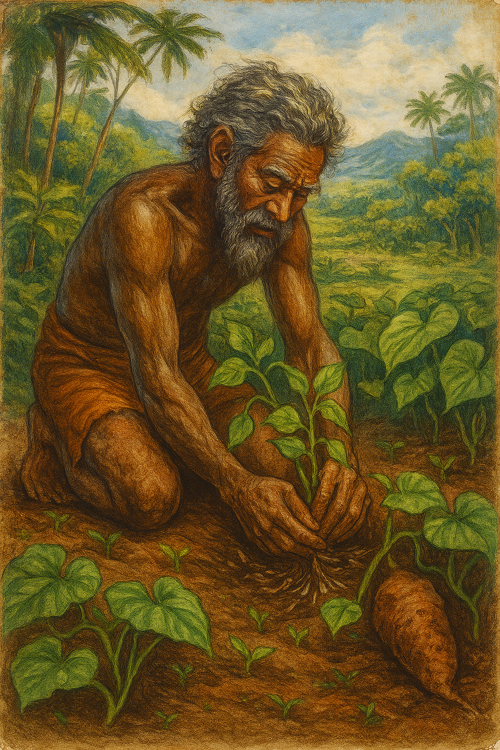 Illustration of an elderly Melanesian man planting the first yam vine: The man kneels on rich, reddish-brown soil in a lush tropical landscape, gently pressing a leafy green vine into the earth. His weathered skin and gray-streaked hair reflect age and wisdom.