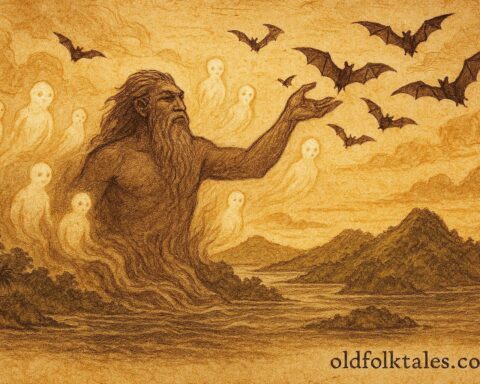 An illustration of Saveasi’uleo sending flying foxes into the Samoan sky.