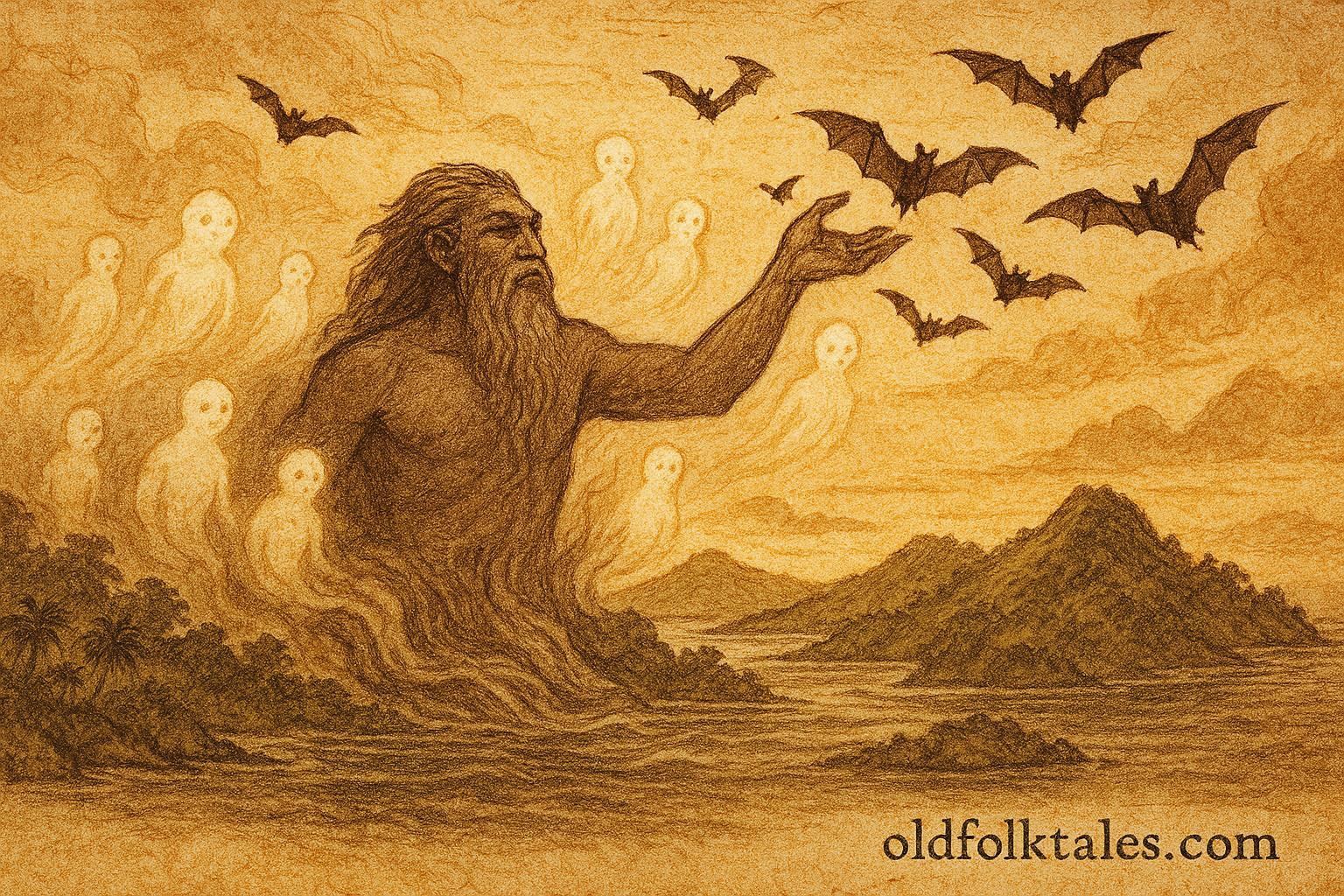 An illustration of Saveasi’uleo sending flying foxes into the Samoan sky.