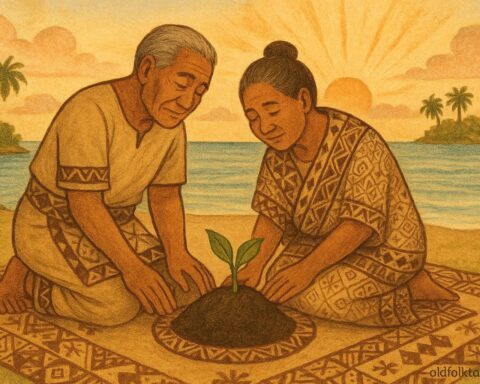 Illustration of Tongan couple discovering the first kava plant growing from their daughter’s grave, symbolizing peace and divine blessing.