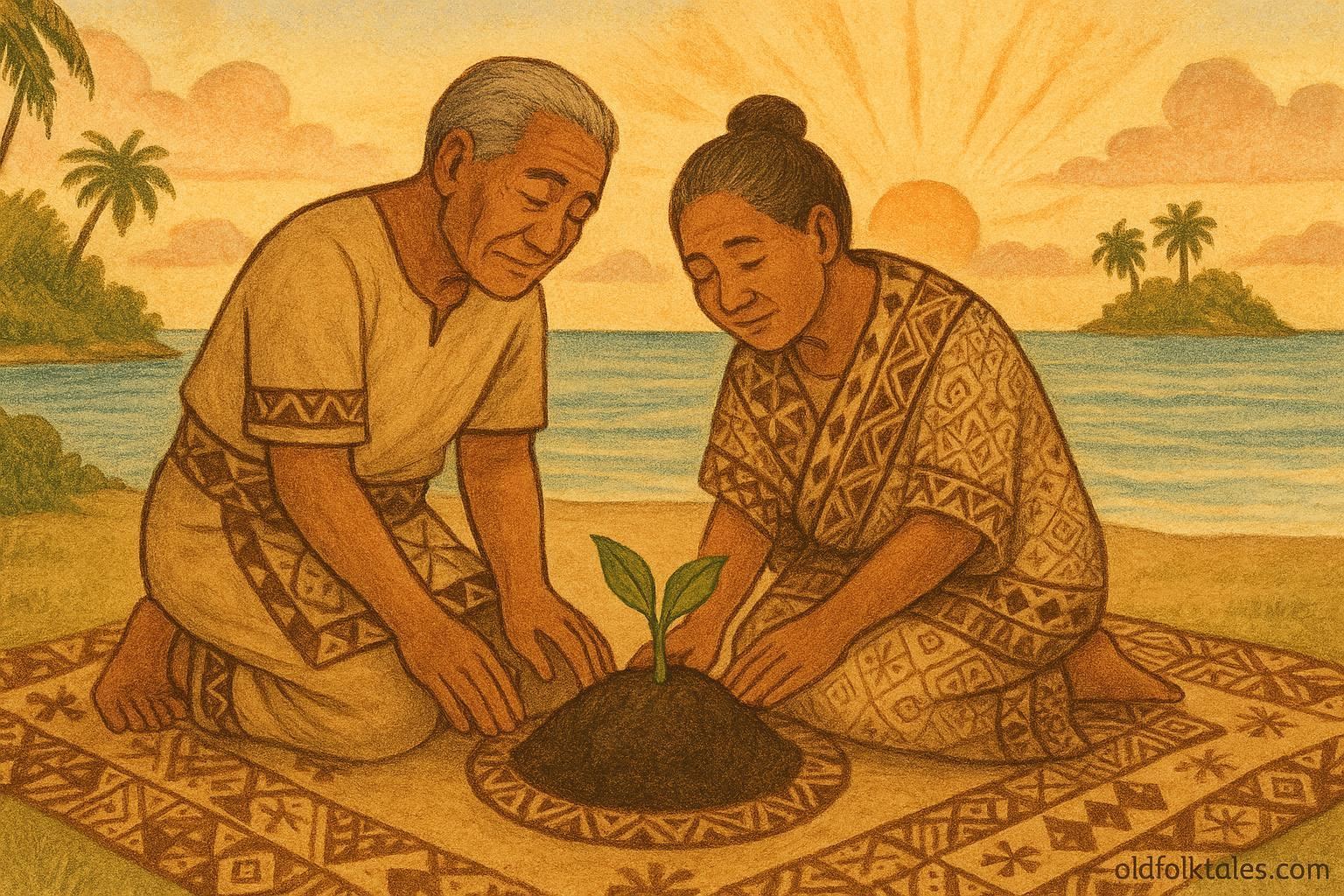 Illustration of Tongan couple discovering the first kava plant growing from their daughter’s grave, symbolizing peace and divine blessing.