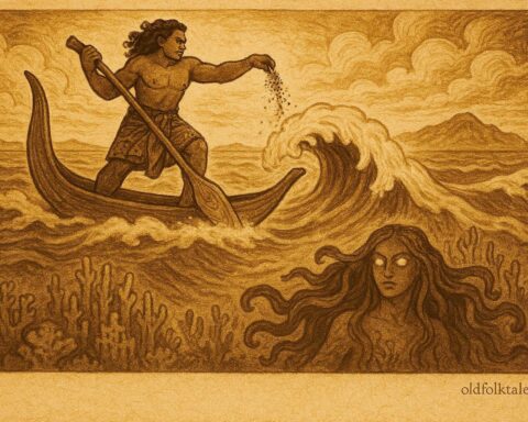 An illustration of Maui pouring sand into the ocean as Hinahengi rises from the deep, Tongan folktale.