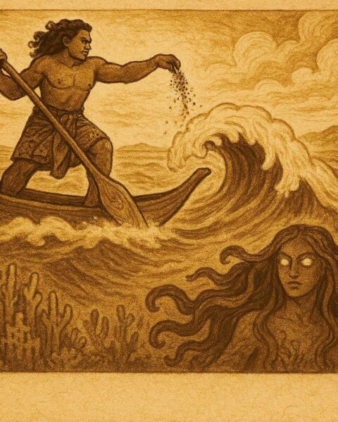 An illustration of Maui pouring sand into the ocean as Hinahengi rises from the deep, Tongan folktale.