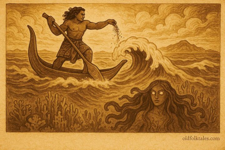 An illustration of Maui pouring sand into the ocean as Hinahengi rises from the deep, Tongan folktale.