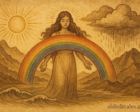 An illustration of Anuenue, Rainbow Maiden bridging sunlight and rain, Hawaiian folktale scene.