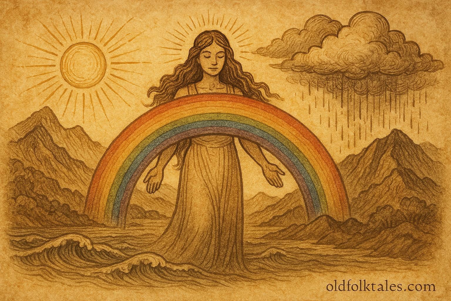 An illustration of Anuenue, Rainbow Maiden bridging sunlight and rain, Hawaiian folktale scene.