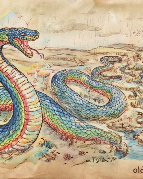 Rainbow Snake shaping rivers and valleys in an Australian Aboriginal Dreamtime scene.