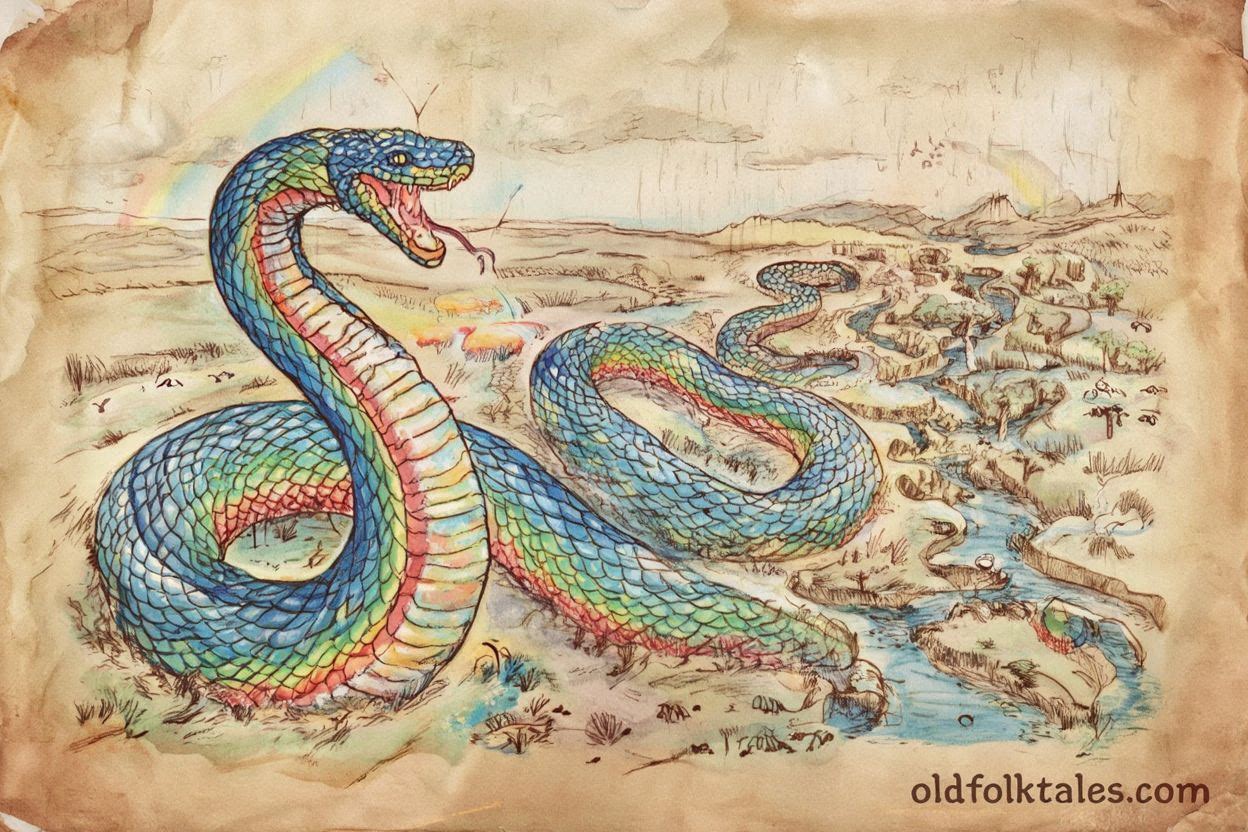 Rainbow Snake shaping rivers and valleys in an Australian Aboriginal Dreamtime scene.