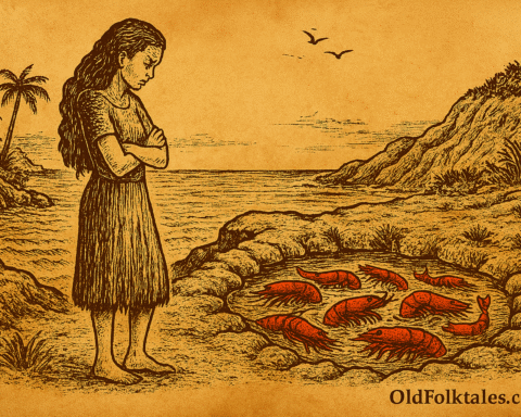 Folktale-style illustration of Lewa-ni-Cagi-Bula gazing at red prawns in a tide pool on a rocky Fijian shore