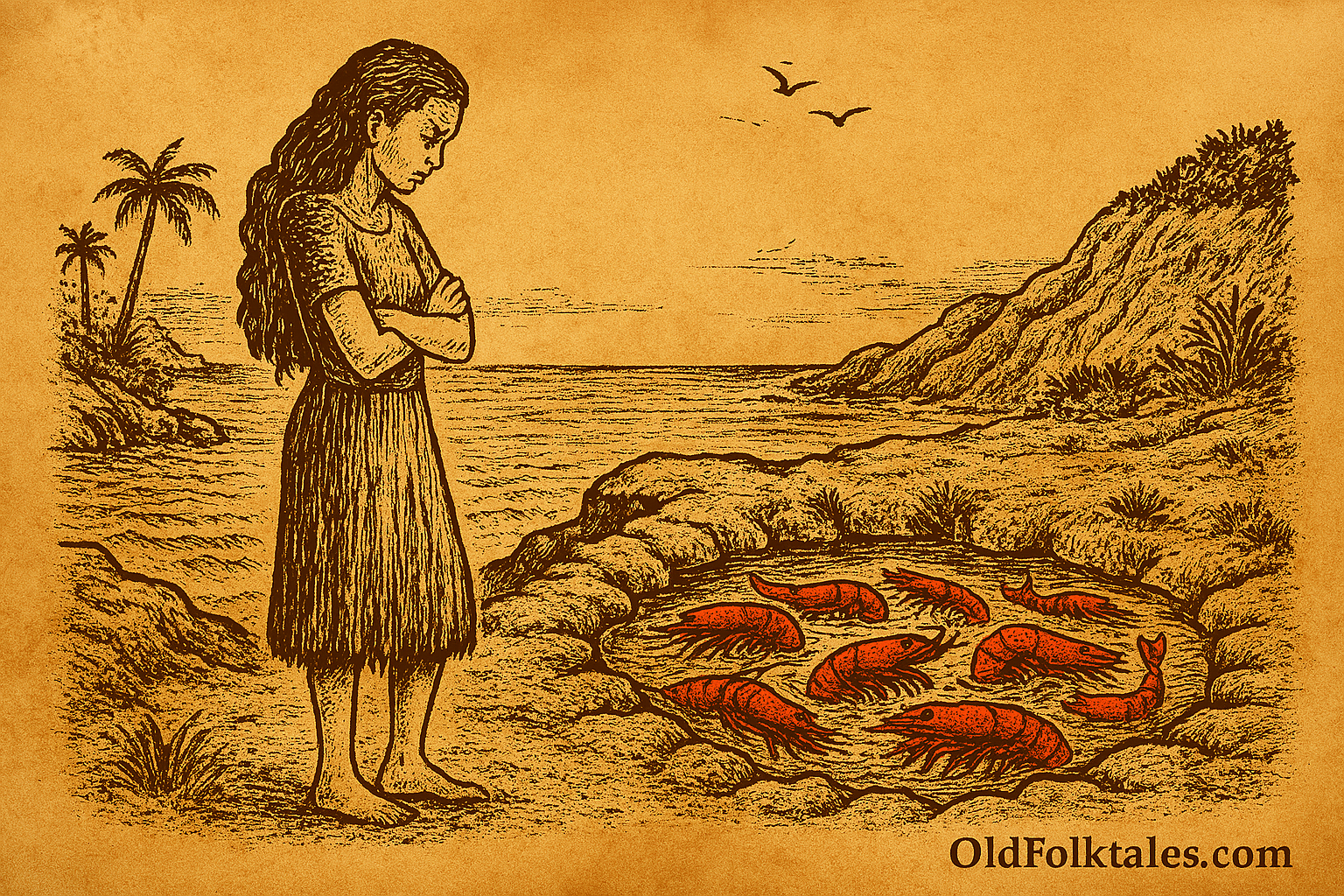 Folktale-style illustration of Lewa-ni-Cagi-Bula gazing at red prawns in a tide pool on a rocky Fijian shore