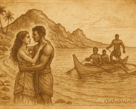 A parchment-style illustration showing a young Fijian couple embracing on the shore of Nananu-i-Ra, their love defying tribal boundaries. Behind them, a traditional canoe approaches, carrying warriors from the chief’s island.