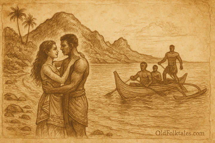 A parchment-style illustration showing a young Fijian couple embracing on the shore of Nananu-i-Ra, their love defying tribal boundaries. Behind them, a traditional canoe approaches, carrying warriors from the chief’s island.