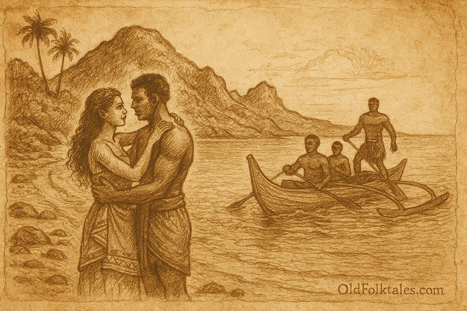 A parchment-style illustration showing a young Fijian couple embracing on the shore of Nananu-i-Ra, their love defying tribal boundaries. Behind them, a traditional canoe approaches, carrying warriors from the chief’s island.