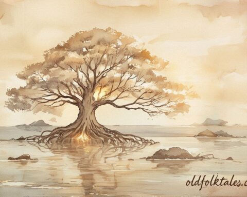 The sacred tree spreading islands across the ocean, Kiribati folktale scene.