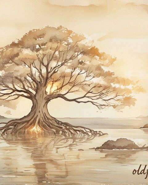 The sacred tree spreading islands across the ocean, Kiribati folktale scene.