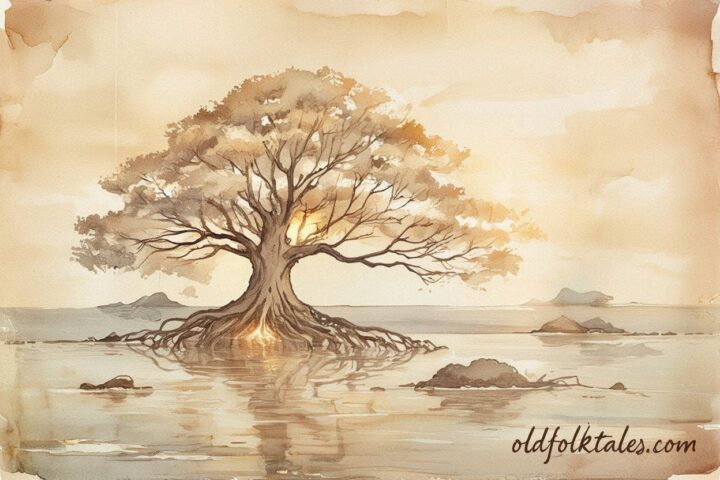 The sacred tree spreading islands across the ocean, Kiribati folktale scene.