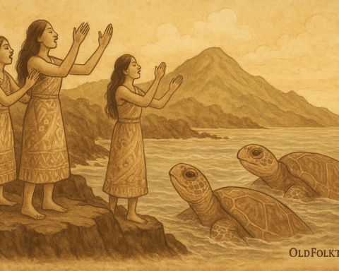 A sepia parchment-style illustration of three Fijian maidens standing on a rocky sea cliff in Kadavu, singing a sacred chant as two giant sea turtles rise from the ocean below, symbolizing the transformed spirits of Tinaicoboga and her daughter Raudalice answering the ancient Namuana call.