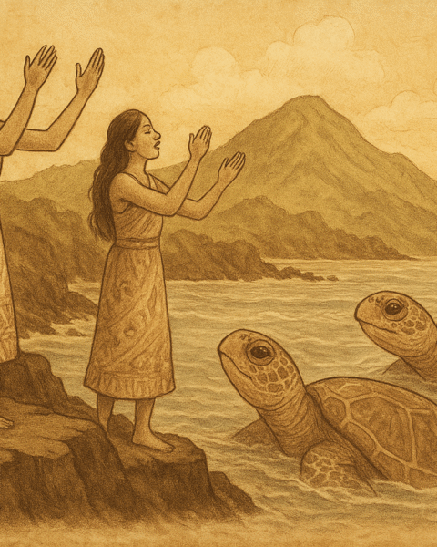 A sepia parchment-style illustration of three Fijian maidens standing on a rocky sea cliff in Kadavu, singing a sacred chant as two giant sea turtles rise from the ocean below, symbolizing the transformed spirits of Tinaicoboga and her daughter Raudalice answering the ancient Namuana call.