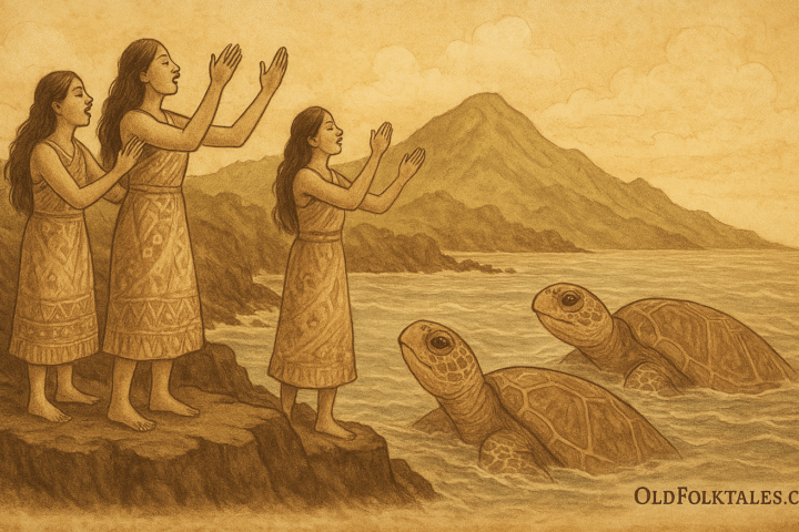 A sepia parchment-style illustration of three Fijian maidens standing on a rocky sea cliff in Kadavu, singing a sacred chant as two giant sea turtles rise from the ocean below, symbolizing the transformed spirits of Tinaicoboga and her daughter Raudalice answering the ancient Namuana call.