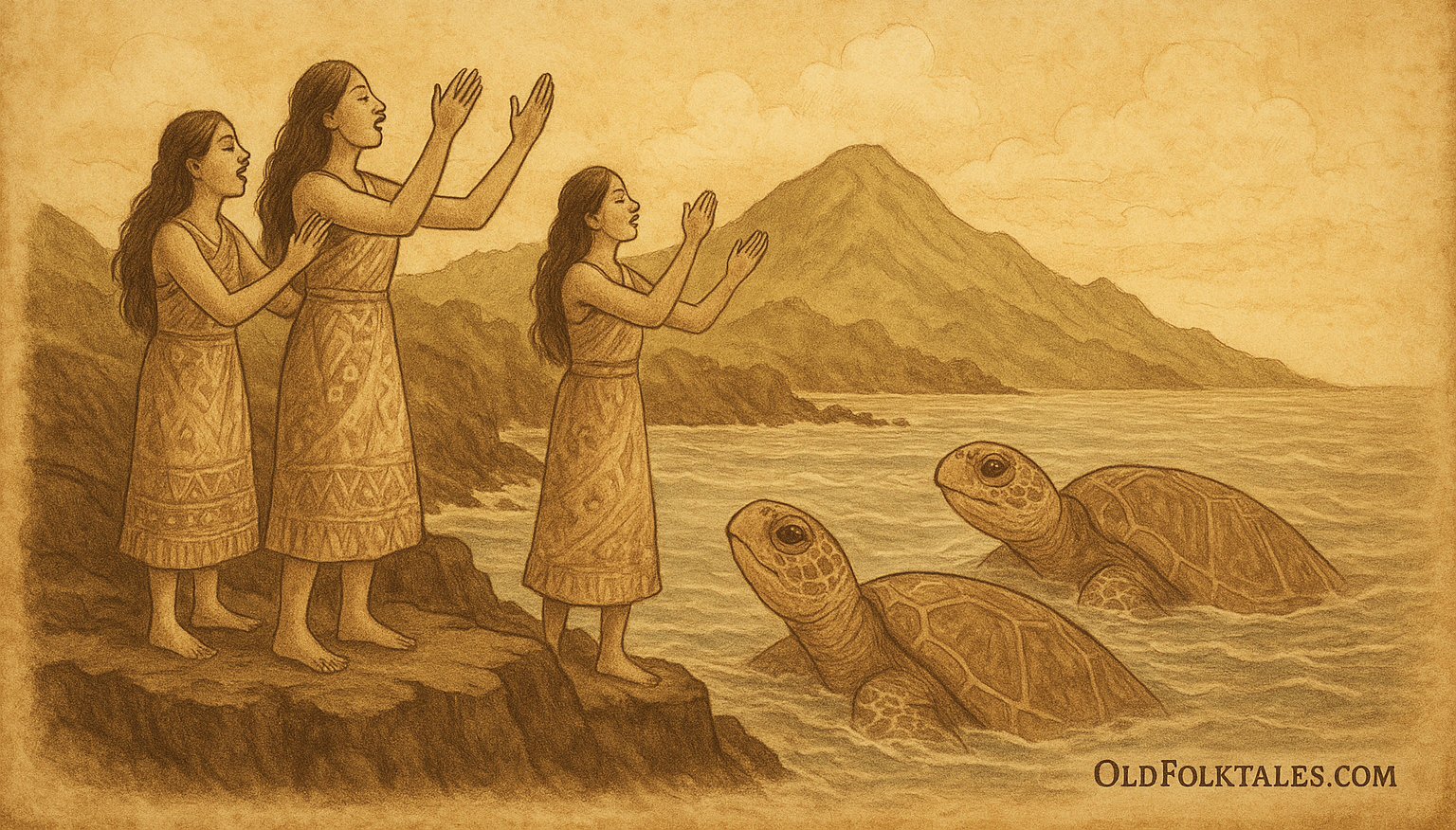 A sepia parchment-style illustration of three Fijian maidens standing on a rocky sea cliff in Kadavu, singing a sacred chant as two giant sea turtles rise from the ocean below, symbolizing the transformed spirits of Tinaicoboga and her daughter Raudalice answering the ancient Namuana call.