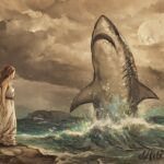 A maiden and a giant shark protecting an island Marshall Islands folktale scene