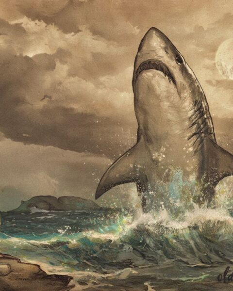 A maiden and a giant shark protecting an island Marshall Islands folktale scene