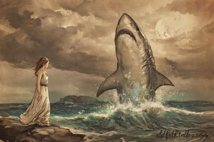 A maiden and a giant shark protecting an island Marshall Islands folktale scene