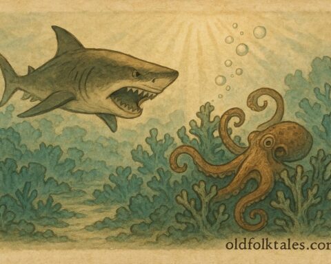 An illustration of a shark and octopus battling among coral reefs, Polynesian folktale scene.