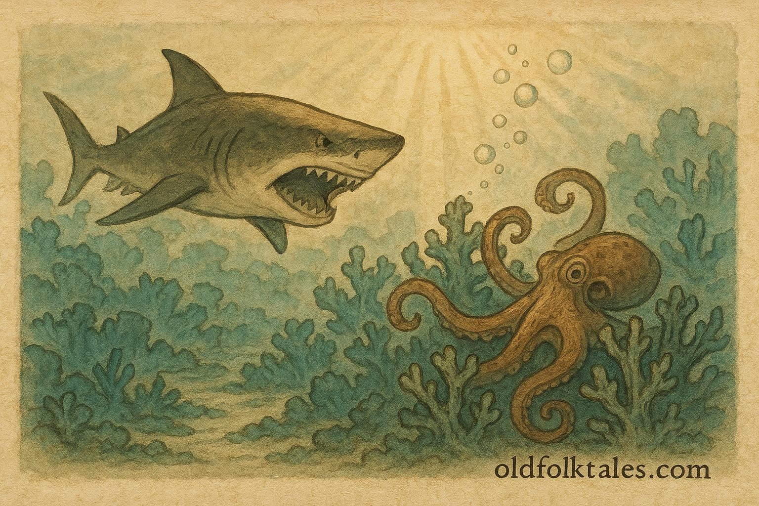 An illustration of a shark and octopus battling among coral reefs, Polynesian folktale scene.