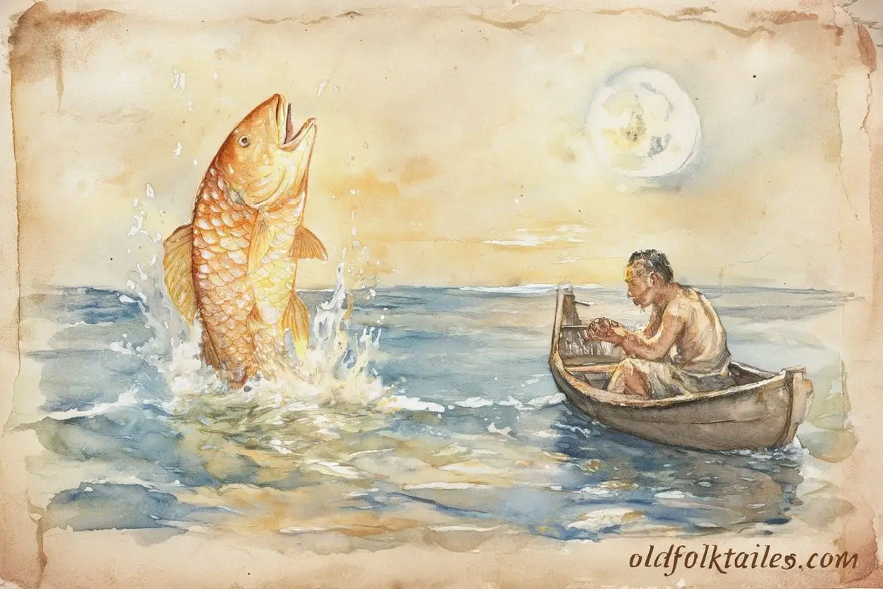 The glowing Singing Fish returning to the sea before a fisherman, Kiribati folktale scene.