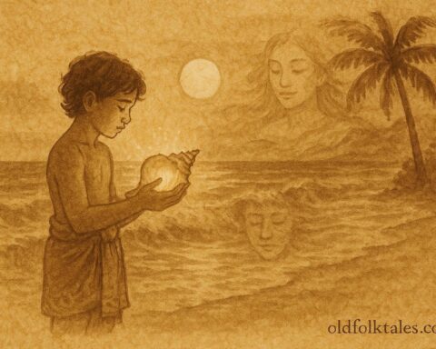 An illustration of Tanu holding a glowing conch shell by the Samoan sea.