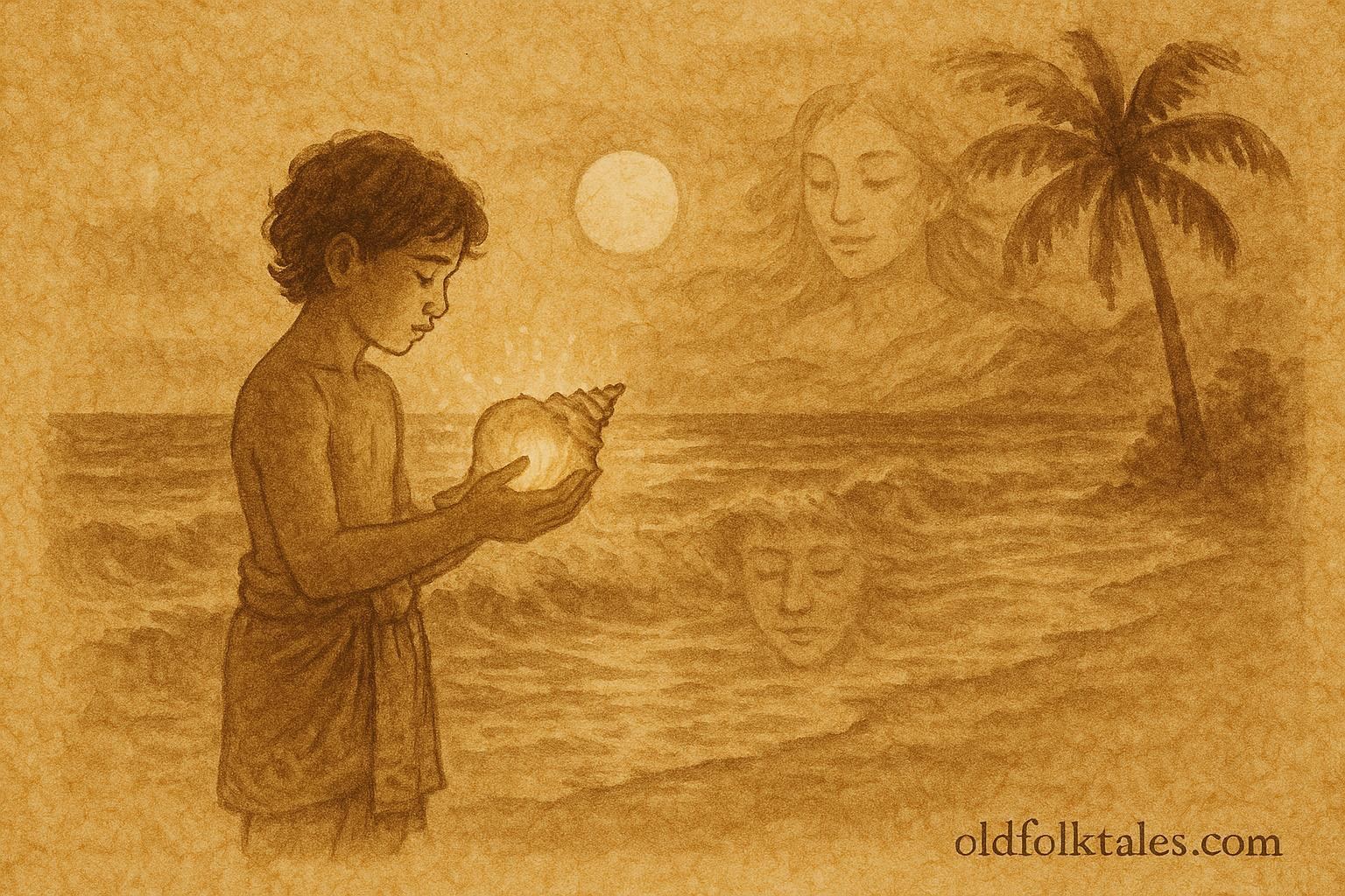 An illustration of Tanu holding a glowing conch shell by the Samoan sea.