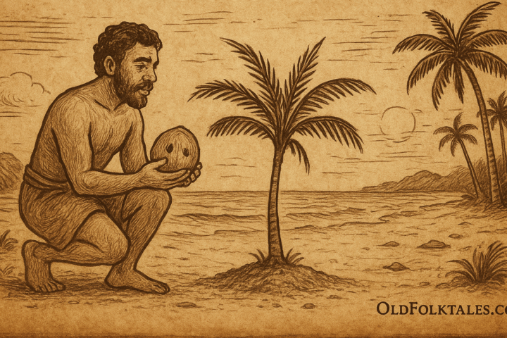 A parchment-style illustration of a compassionate island man discovering the first coconut tree that grew from the buried magical fish in a Papua New Guinea folktale.