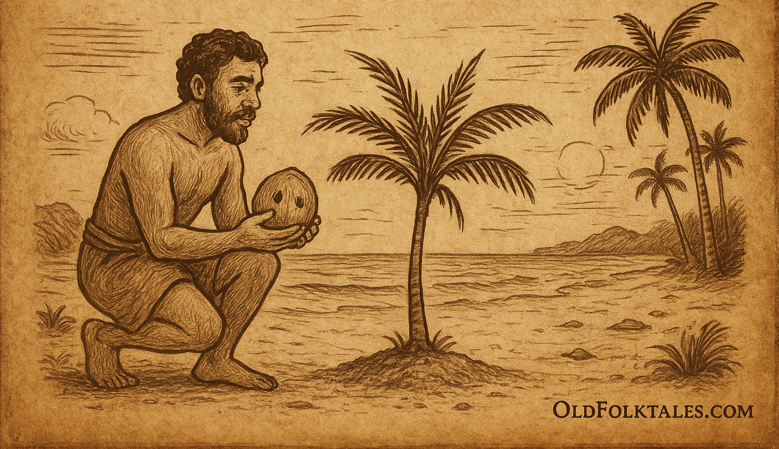 A parchment-style illustration of a compassionate island man discovering the first coconut tree that grew from the buried magical fish in a Papua New Guinea folktale.