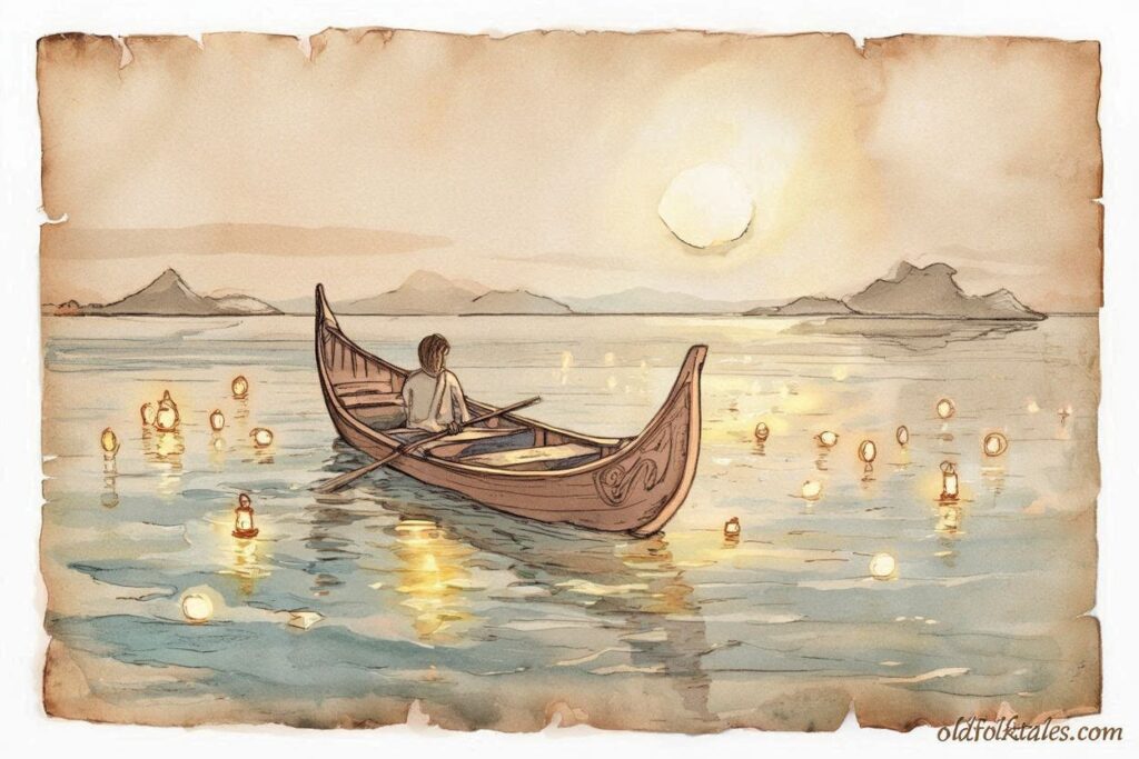 A glowing canoe guided by ancestral lights over calm ocean waters Marshall Islands folktale scene.