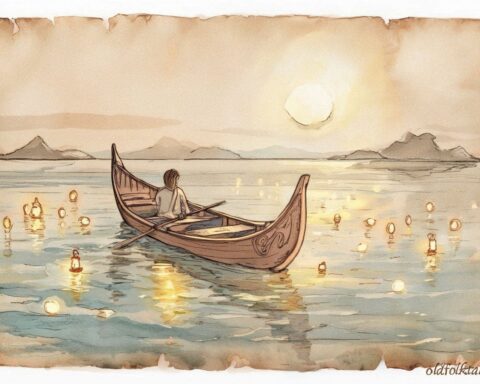 A glowing canoe guided by ancestral lights over calm ocean waters Marshall Islands folktale scene.