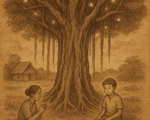 A sepia ink illustration of a sacred banyan tree glowing with spirit lights, as a Fijian boy and woman sit beneath it offering prayers on aged parchment background.