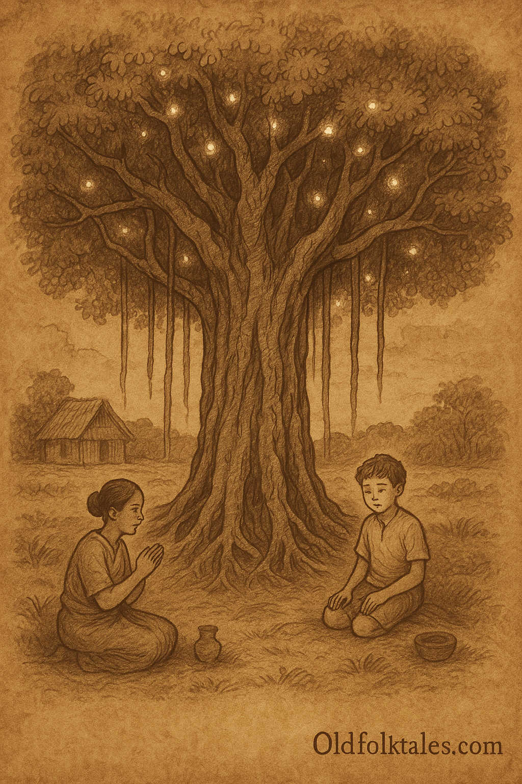 A sepia ink illustration of a sacred banyan tree glowing with spirit lights, as a Fijian boy and woman sit beneath it offering prayers on aged parchment background.